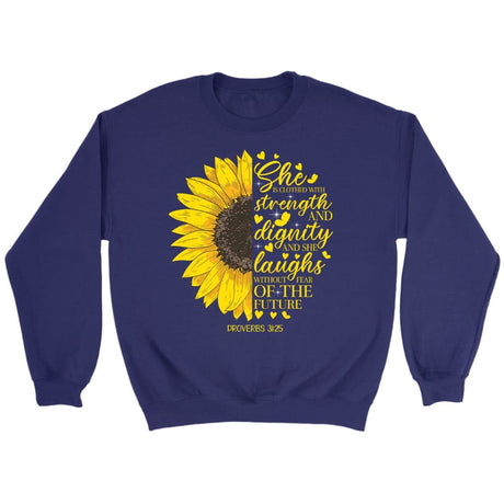 She is clothed with strength and dignity Proverbs 31:25 Sunflower Christian sweatshirt Purple / S