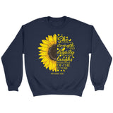 She is clothed with strength and dignity Proverbs 31:25 Sunflower Christian sweatshirt Navy / S