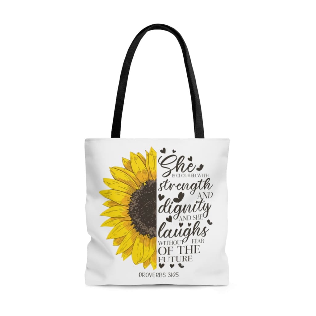 She is clothed with strength and dignity Proverbs 31:25 Sunflower Christian tote bag 13 x 13