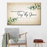 "Tune My Heart to Sing Thy Grace" Christian wall art canvas featuring sheet music and green leaves, perfect for home decor.