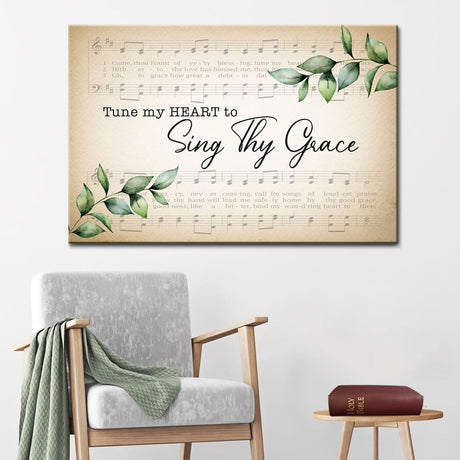 "Tune My Heart to Sing Thy Grace" Christian wall art canvas featuring sheet music and green leaves, perfect for home decor.