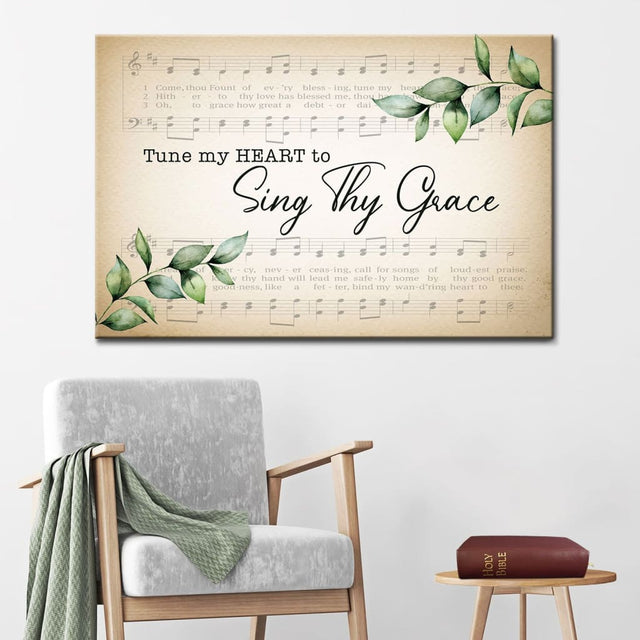 "Tune My Heart to Sing Thy Grace" Christian wall art canvas featuring sheet music and green leaves, perfect for home decor.