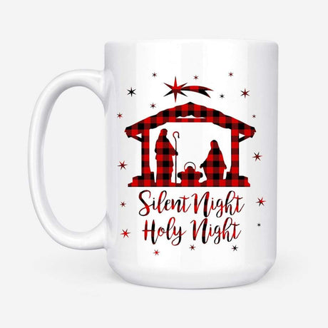 Silent night holy night Buffalo plaid Christian Christmas coffee mug 15 oz