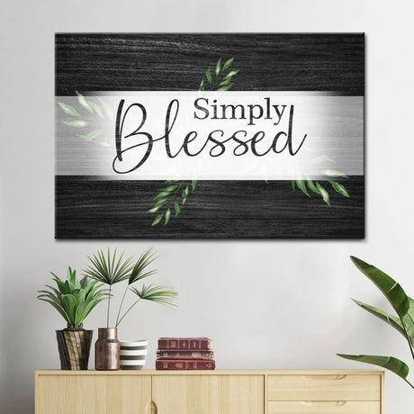 Christian wall art canvas with "Simply Blessed" design, available in brown, purple, gray, and teal.