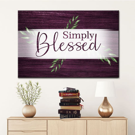 Inspirational "Simply Blessed" Christian wall art canvas, available in multiple colors: brown, purple, gray, teal.