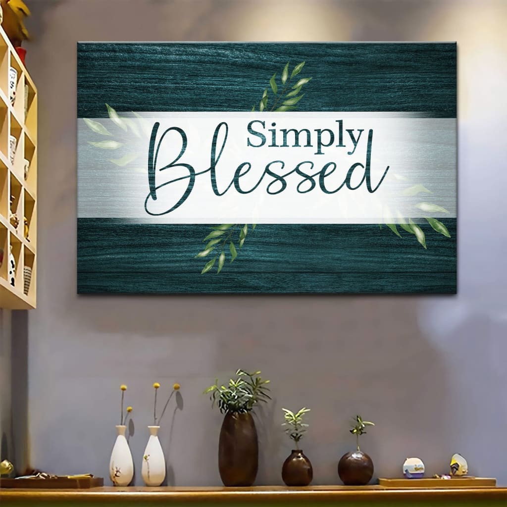 "Simply Blessed" Christian wall decor, available in brown, purple, gray, or teal, ideal for gifts.