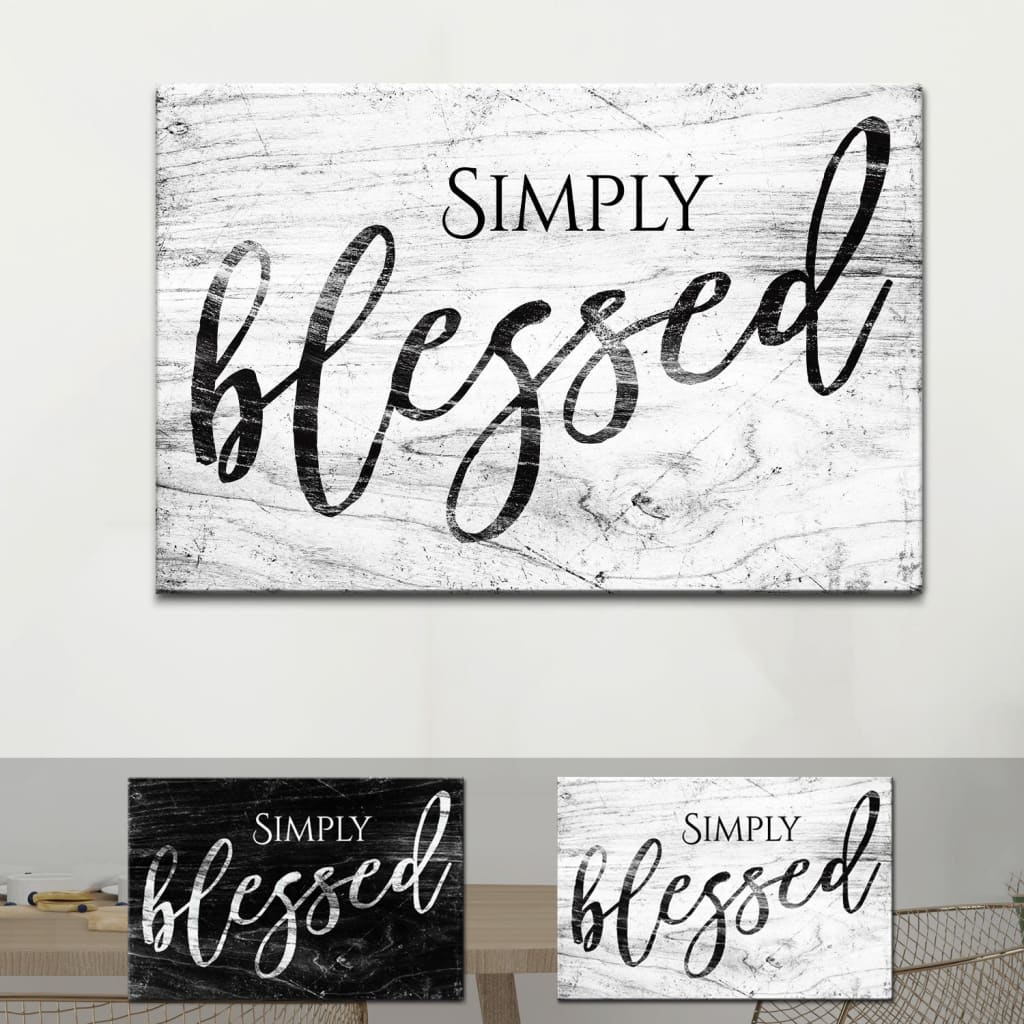 "Simply Blessed" wall art canvas with modern farmhouse design, perfect for Christian home decor.