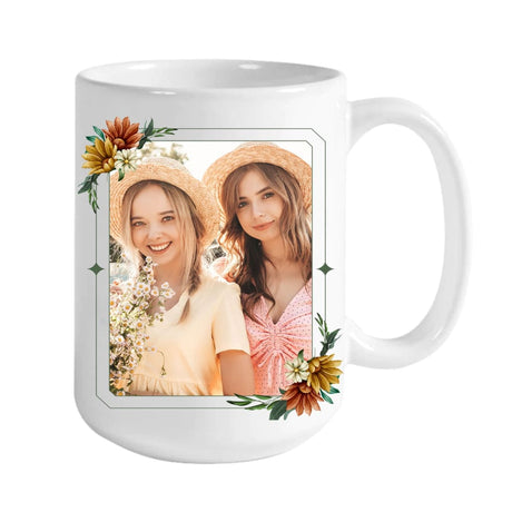 Customizable Christian mug with "Sisters in Christ Are Sisters for Life" and photo, perfect for faith-inspired gifts.