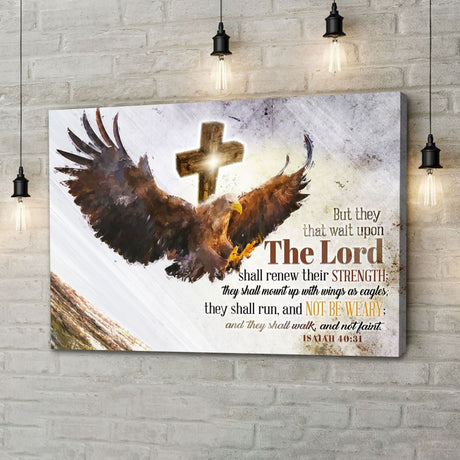 Christian wall art: "Isaiah 40:31 KJV They That Wait Upon The Lord" with soaring eagle and glowing wooden cross design.