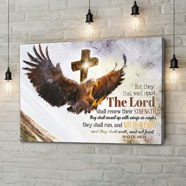 Christian wall art: "Isaiah 40:31 KJV They That Wait Upon The Lord" with soaring eagle and glowing wooden cross design.