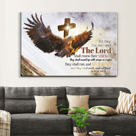 Bible verse canvas: "They That Wait Upon The Lord" Isaiah 40:31, featuring an eagle and cross, faith-based Christian decor.
