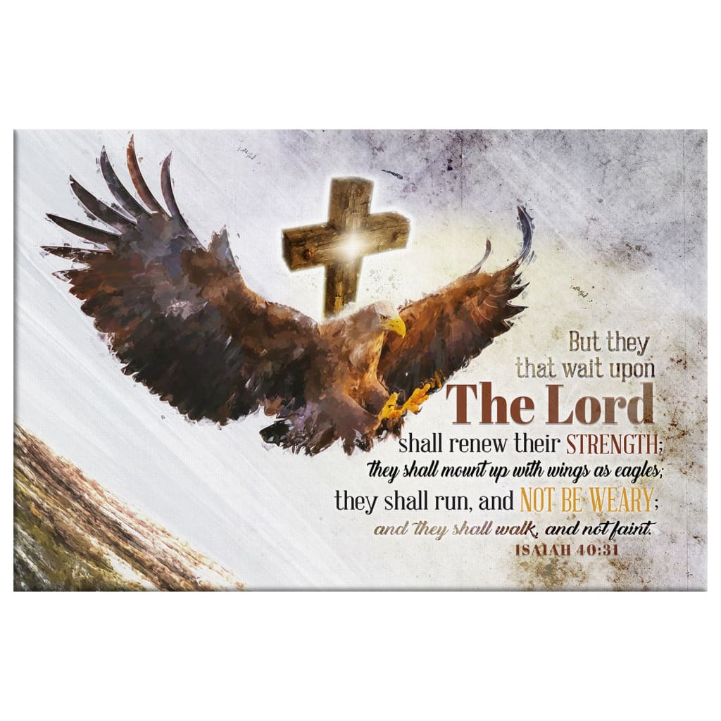 Inspirational wall art: Soaring eagle with glowing cross, Isaiah 40:31 KJV, perfect for Christian gifts and home decor.