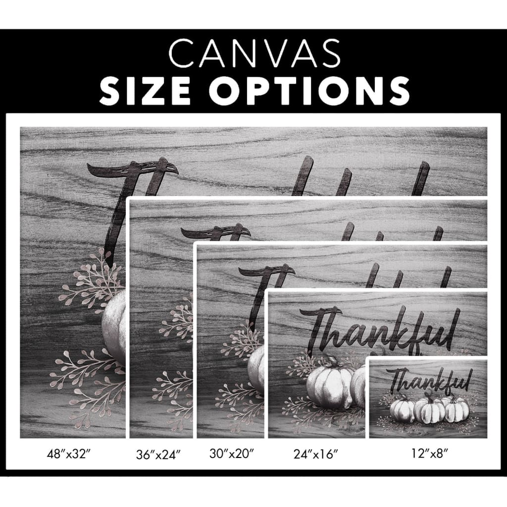 Christian canvas size options with "Thankful" and fall pumpkins, ideal inspirational wall art for Thanksgiving and faith-filled homes.