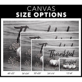 Christian canvas size options with "Thankful" and fall pumpkins, ideal inspirational wall art for Thanksgiving and faith-filled homes.
