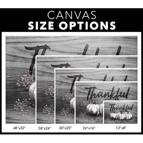 Christian canvas size options with "Thankful" and fall pumpkins, ideal inspirational wall art for Thanksgiving and faith-filled homes.