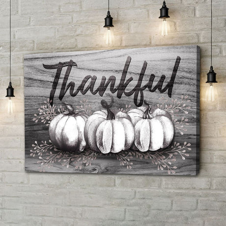 Religious Thanksgiving wall art canvas with "Thankful" and pumpkins, perfect Christian gift for Thanksgiving / Grey