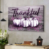 Faith-based wall art with "Thankful" message and fall pumpkin design, great for Thanksgiving and Christian home decor / Purple.