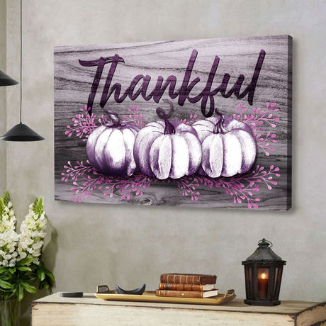 Faith-based wall art with "Thankful" message and fall pumpkin design, great for Thanksgiving and Christian home decor / Purple.