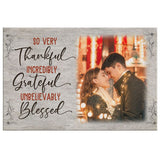 Personalized wall art canvas with "Thankful Grateful Blessed" and custom photo, ideal for faith-based home décor.