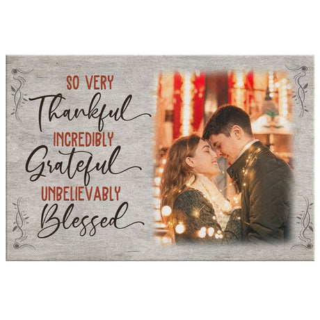 Personalized wall art canvas with "Thankful Grateful Blessed" and custom photo, ideal for faith-based home décor.