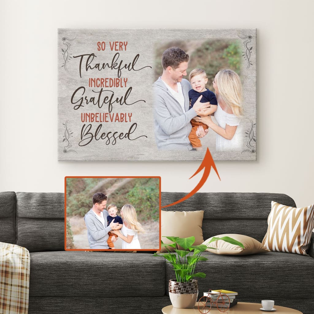 Customizable wall art with "Thankful Grateful Blessed," featuring your personalized photo, perfect for Christian gifts.