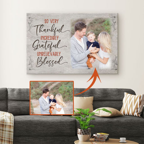 Customizable wall art with "Thankful Grateful Blessed," featuring your personalized photo, perfect for Christian gifts.
