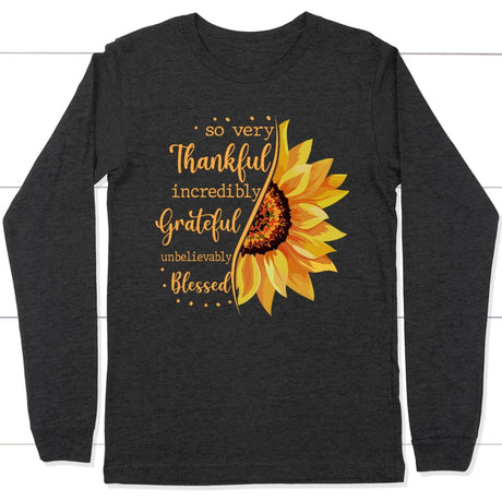 Thankful grateful blessed sunflower Christian long sleeve t-shirt Dark Grey Heather / S
