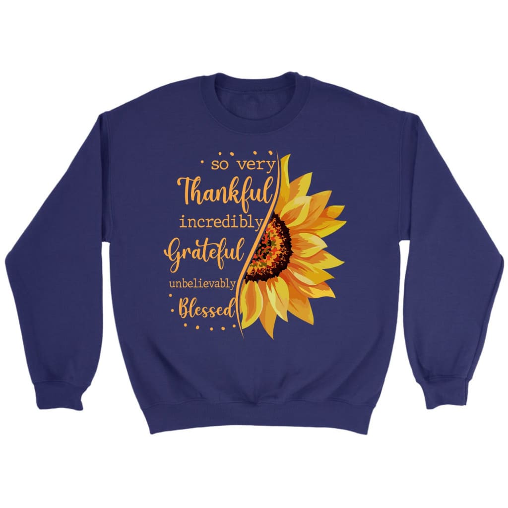 Thankful grateful blessed sunflower Christian sweatshirt Purple / S