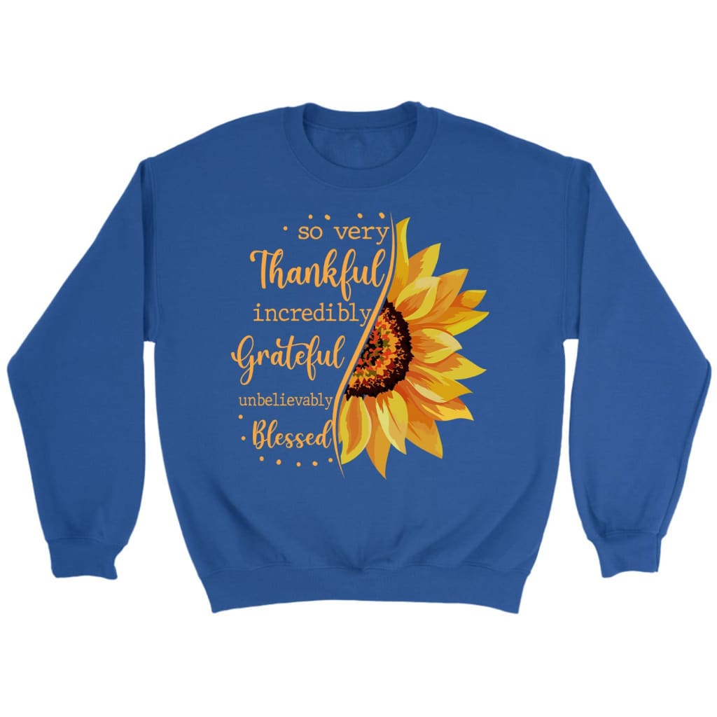Thankful grateful blessed sunflower Christian sweatshirt Royal / S