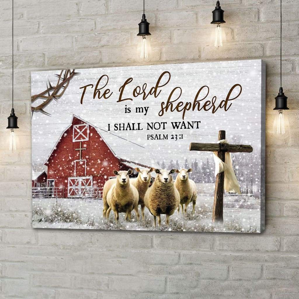 The Lord is My Shepherd Psalm 23:1 Red Barn With Sheep Christmas Wall Art Canvas