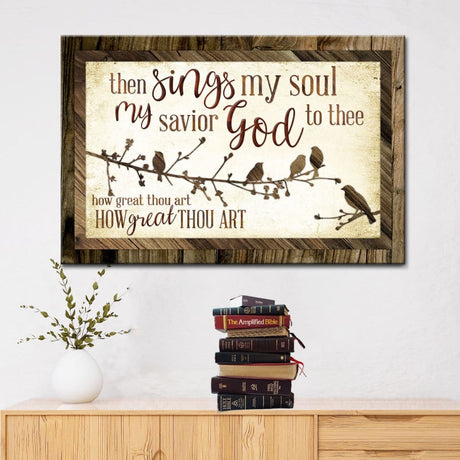 "How Great Thou Art" canvas with Brown border, birds on branches, uplifting Christian wall decor.