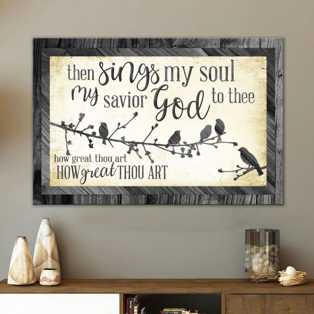 Christian wall art "How Great Thou Art," Gray wooden border, birds on branches, great inspirational gift.