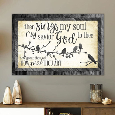 Christian wall art "How Great Thou Art," Gray wooden border, birds on branches, great inspirational gift.