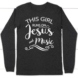 This girl runs on Jesus and music long sleeve t-shirt | Christian apparel Dark Grey Heather / S