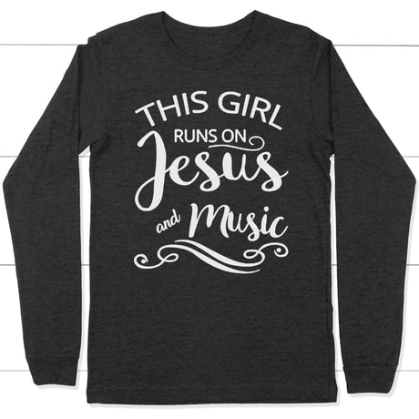 This girl runs on Jesus and music long sleeve t-shirt | Christian apparel Dark Grey Heather / S