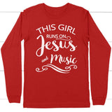 This girl runs on Jesus and music long sleeve t-shirt | Christian apparel Red / S
