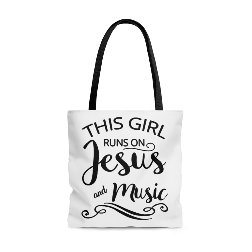 This girl runs on Jesus and Music tote bag | Jesus tote bags 13 x 13