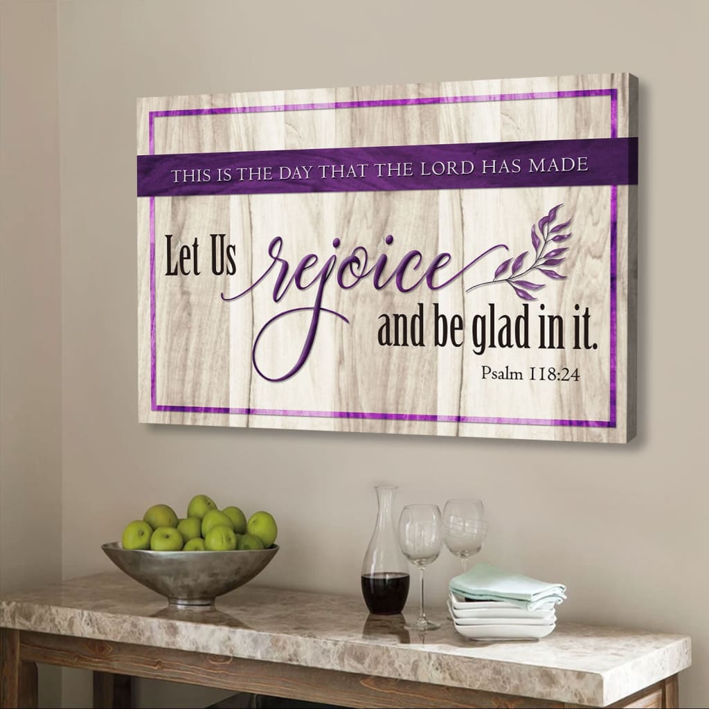 Bible verse wall art with "This Is The Day That The Lord Has Made," rustic canvas print in Purple , ideal for Christian homes.