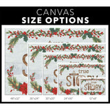 Faith-based Christmas wall art showcasing "True Story Jesus Born In A Manger," great Christian decor / canvas size options.