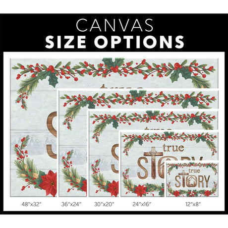 Faith-based Christmas wall art showcasing "True Story Jesus Born In A Manger," great Christian decor / canvas size options.