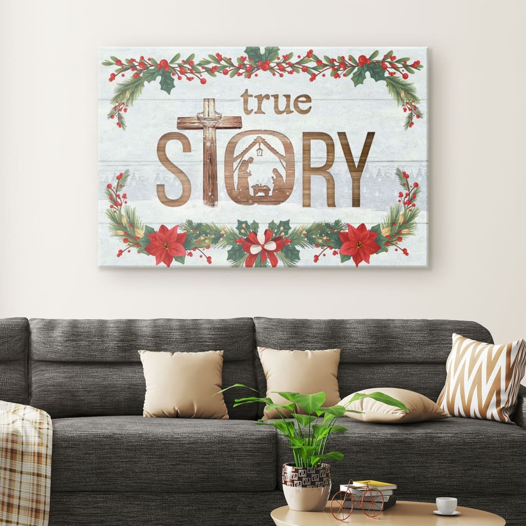 "True Story Jesus Born In A Manger" Christmas canvas, perfect for Christian gifts and festive home decor.