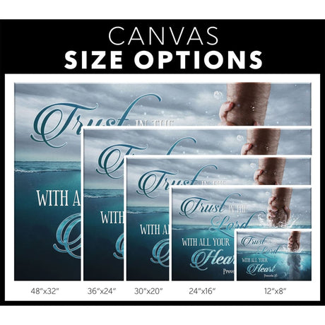 Christian wall decor with Proverbs 3:5, "Trust In The Lord With All Your Heart," featuring Jesus reaching into the water, ideal home decor / Canvas size options.