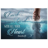 Scripture wall art featuring Proverbs 3:5, "Trust In The Lord With All Your Heart," with a scene of Jesus reaching into the water, great Christian gift.