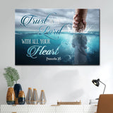 Bible verse wall art canvas featuring Proverbs 3:5, "Trust In The Lord With All Your Heart," with Jesus reaching into the water, perfect Christian decor.
