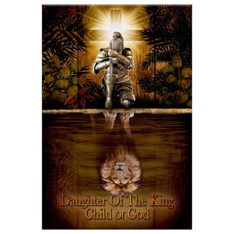 "Daughter of a King" Christian canvas art, featuring a female warrior and lion, inspirational faith-based decor.