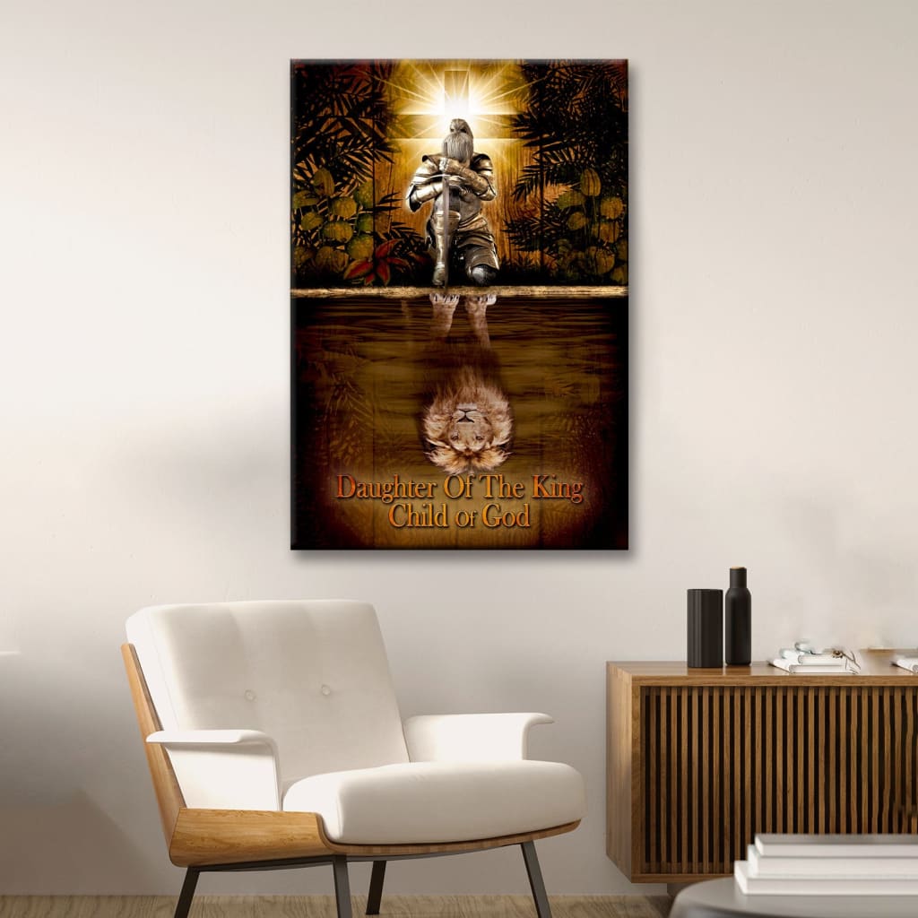Christian wall art featuring a female warrior with a lion reflection, "Daughter of a King, Child of God," inspiring decor.