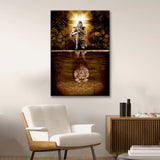 Christian wall art featuring a female warrior with a lion reflection, "Daughter of a King, Child of God," inspiring decor.