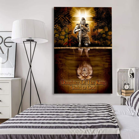 Female warrior wall art, reflection of a lion, "Child of God," perfect Christian gift for women of faith.