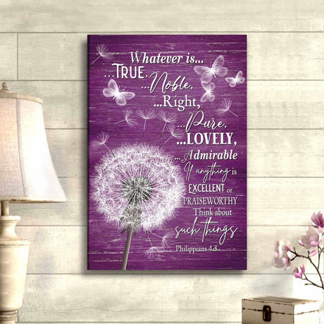 Philippians 4:8 "Whatever Is Noble" dandelion canvas, inspiring Christian wall decor for home / Purple.