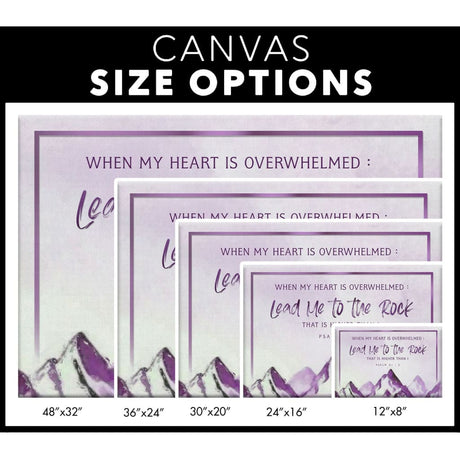 "When My Heart Is Overwhelmed" mountain wall art, Psalm 61:2, purple canvas, thoughtful Christian gift.